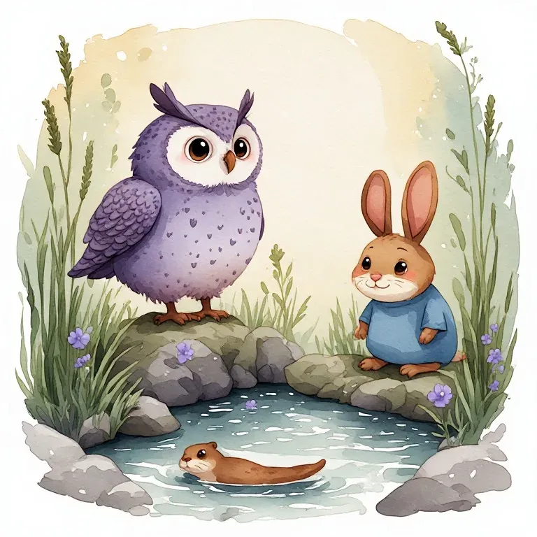 An owl and rabbit sit beside a woodland stream where an otter floats.