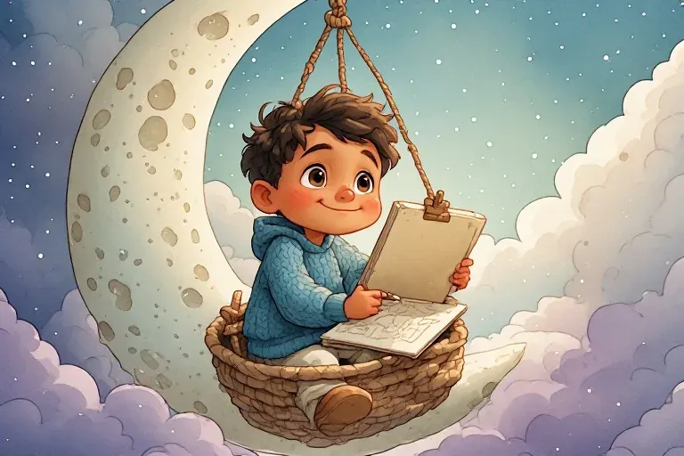Eli holds a drawing notebook in a moon-balloon basket among soft clouds.