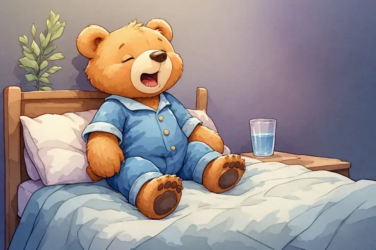 Benny yawns on his bed in blue pajamas beside a pillow and a glass of water.