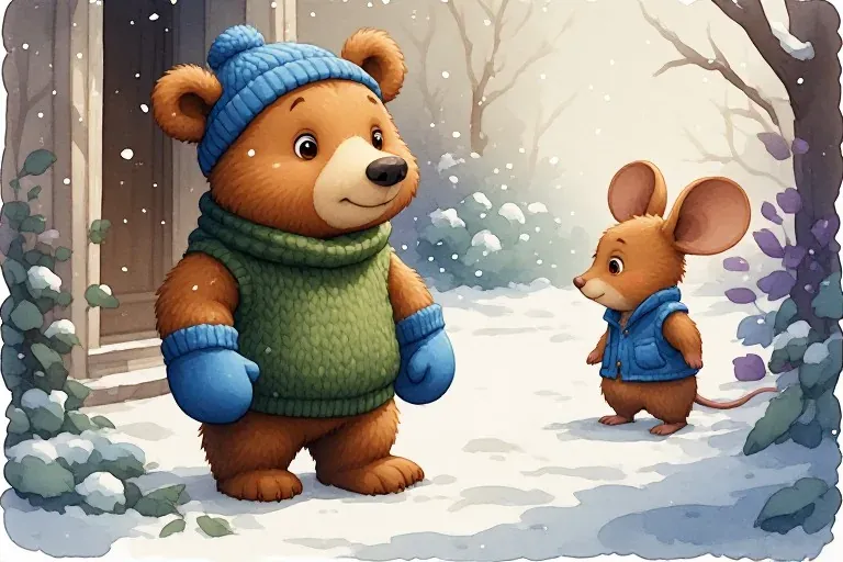 Bear wears blue mittens and a winter hat at a snowy doorway while Mouse waits nearby.