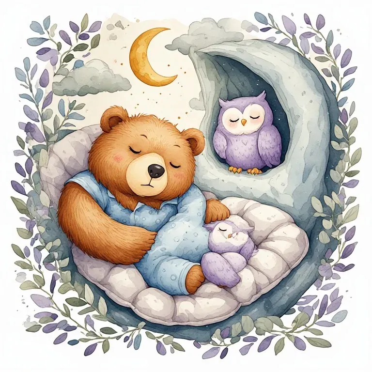 A bear sleeps beneath a quilt while a lavender owl rests in a moonlit tree hollow.