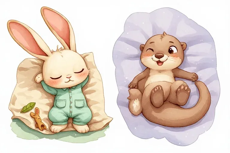 Bunny sleeps beside her pocket blanket and little wooden rabbit, while Little Otter gives a gentle greeting from a lavender dream vignette.