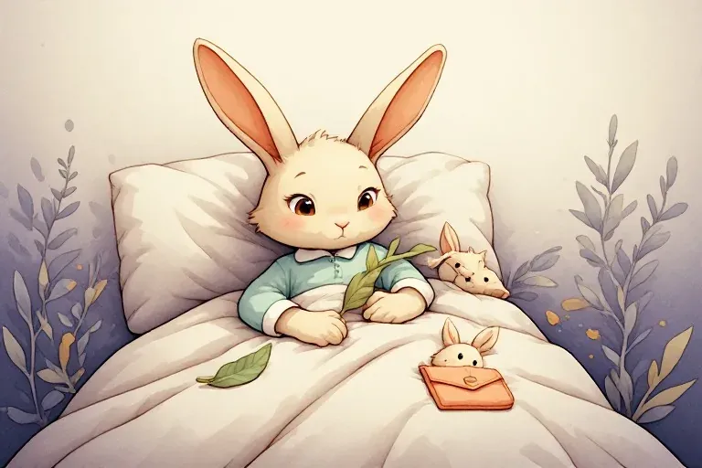 Bunny sits in mint pajamas beside a cream blanket, a leaf and a little wooden rabbit.