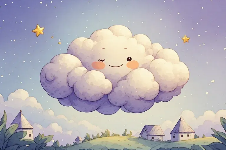 Cleo, a smiling cloud, floats over village rooftops and hills beneath a starry sky.