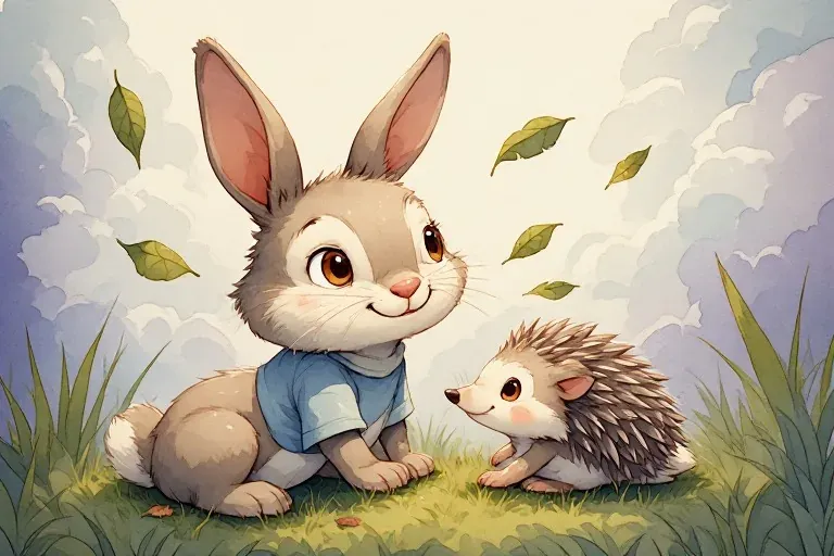 Rabbit and Hedgehog sit together on the grass beneath soft clouds and drifting leaves.