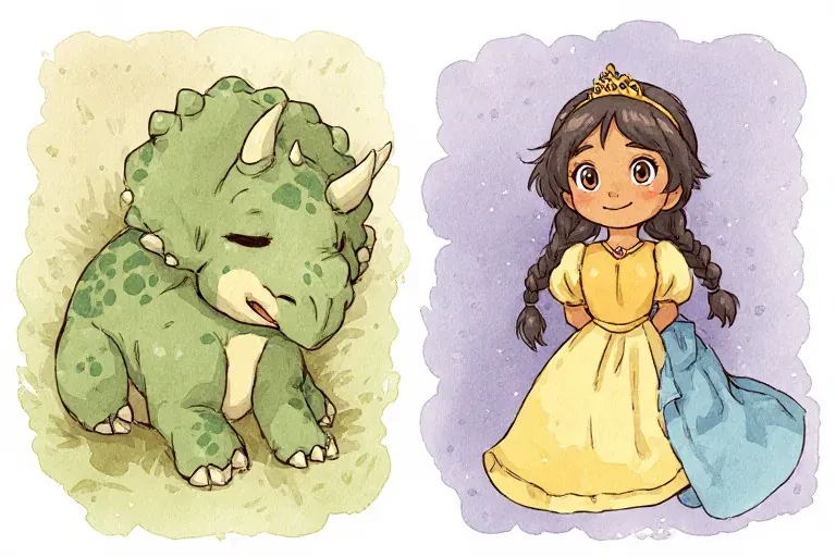 Tavi Triceratops rests with his eyes closed, while Princess Mira smiles toward the reader holding her blue coat.
