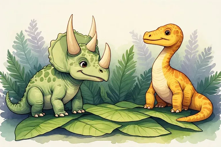 Tavi and golden long-neck Brin sit beside an overlapping blanket of broad green leaves in a fern clearing.
