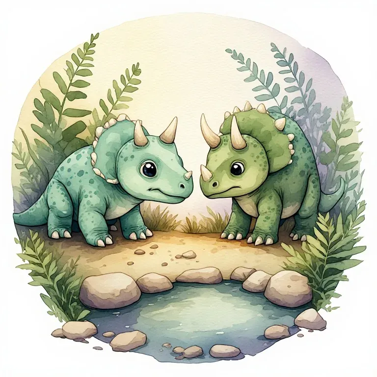 Two friendly young dinosaurs explore a fern clearing beside a little pond.