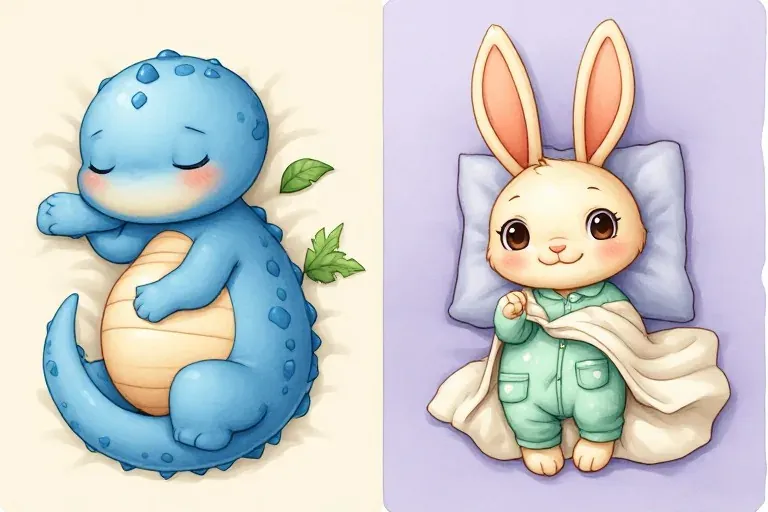 Dino rests with his eyes closed, while Bunny smiles toward the reader in mint pajamas beside a cream blanket.
