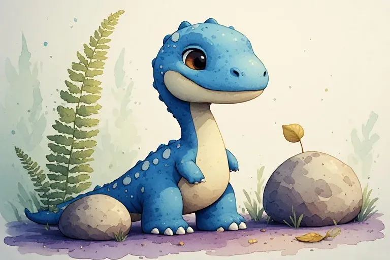 Dino, a blue dinosaur, stands beside a tall fern, round stones and a little leaf.