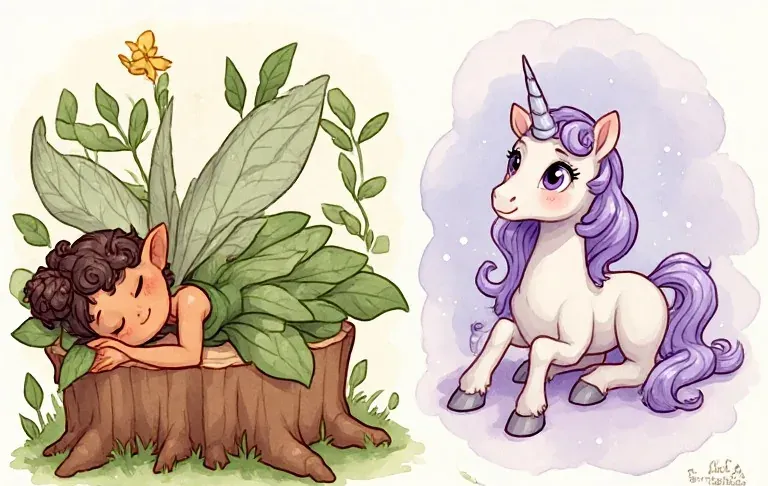 Fern Fairy sleeps on her stump home, while Una Unicorn looks toward the reader from a lavender dream vignette.