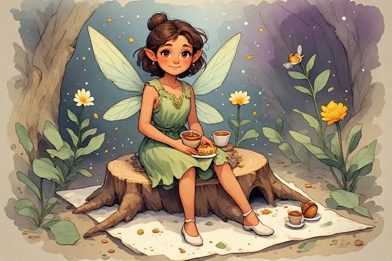 Fern Fairy sits with tea and seed cake outside her tiny stump doorway.