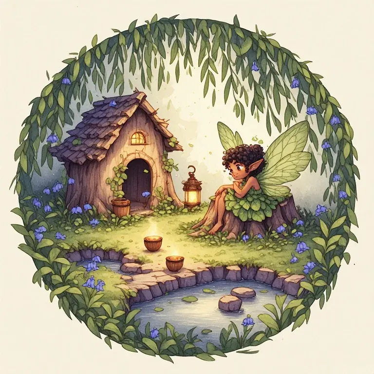 A leaf-winged fairy sits beside a tiny woodland home and a quiet pond.