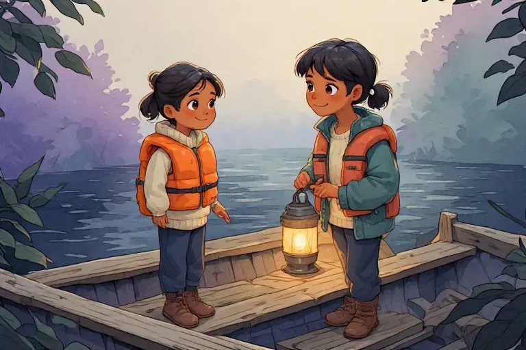 Mara wears an orange life jacket while checking a ferry lantern with a companion.