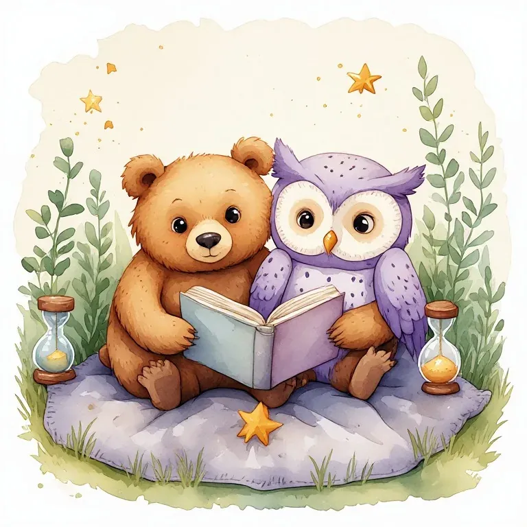 A bear and lavender owl read an open book together beside two sand timers.