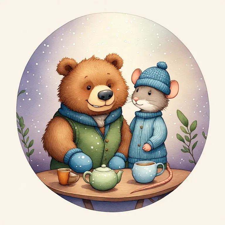 A mitten-wearing bear and a mouse in a blue hat smile beside cups and a teapot.