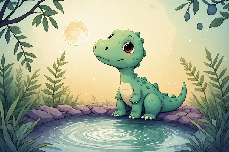 Milo sits beside a garden pond beneath the moon and a low plum branch.