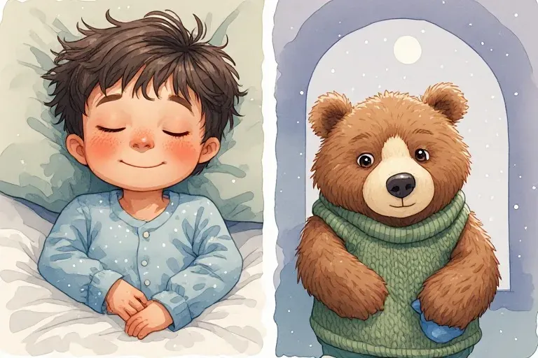 Leo rests in bed with his eyes closed, while the mitten Bear looks toward the reader in a green knitted waistcoat.