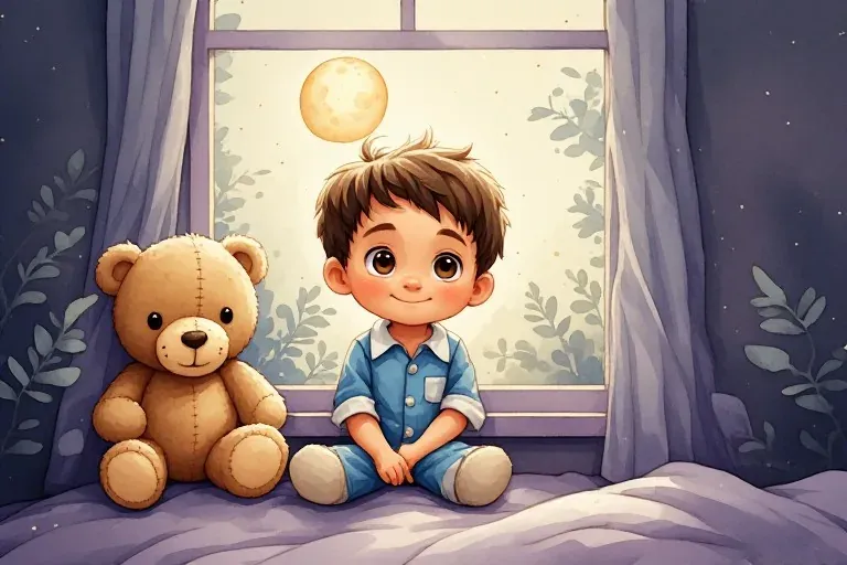 Leo sits on his bed with a floppy teddy beside a moonlit bedroom window.
