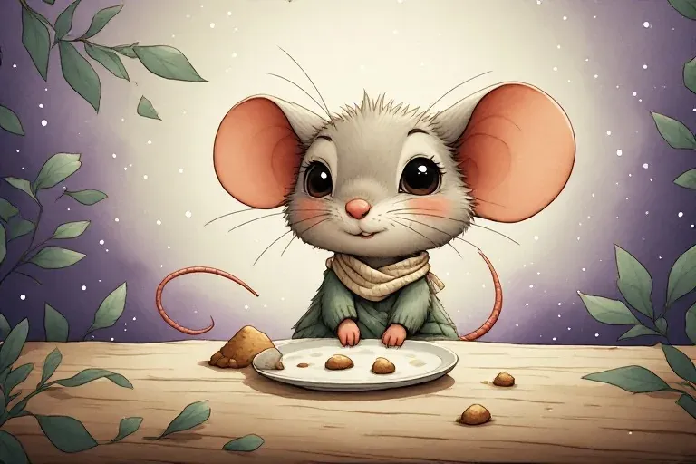 Mouse sits at her little table with crumbs on a plate.