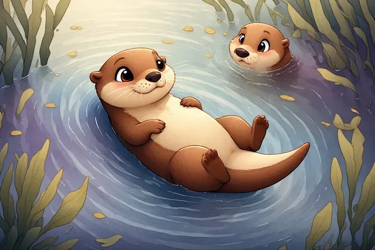 Little Otter floats on her back near her mother among kelp on calm water.