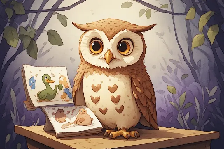 A chestnut owl looks at a wordless picture book with a drawing of a duck.