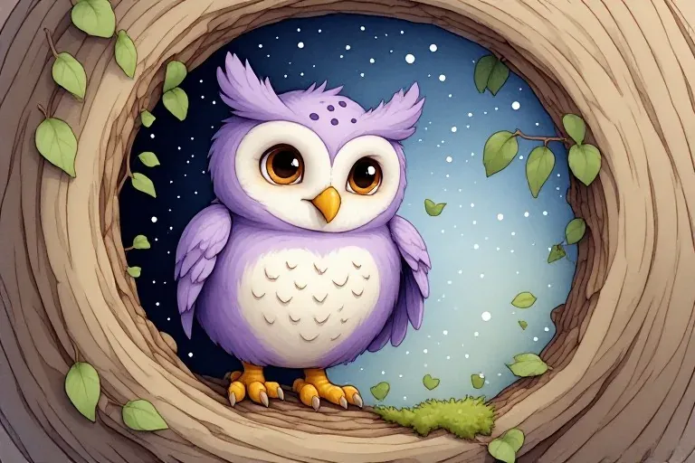 Pip, a lavender owl, perches in a round tree hollow above a mossy bed.