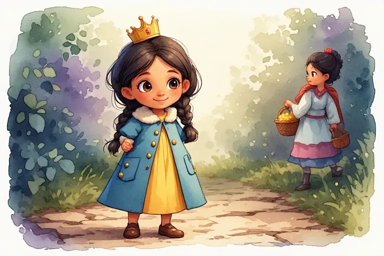 Mira stands on a garden path in a blue coat over a yellow dress while an adult carries baskets behind her.