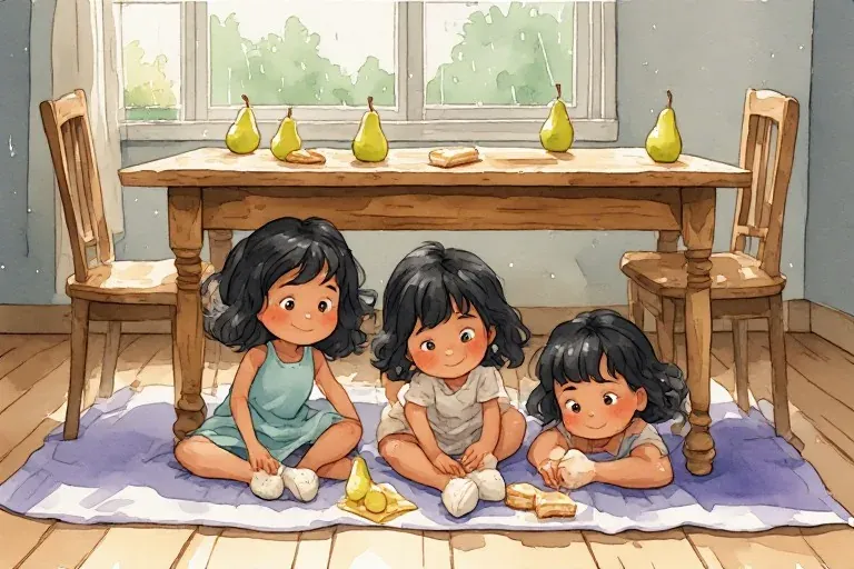 Ada and two friends enjoy pears and sandwiches on a blanket beneath the dining table while rain falls outside the window.