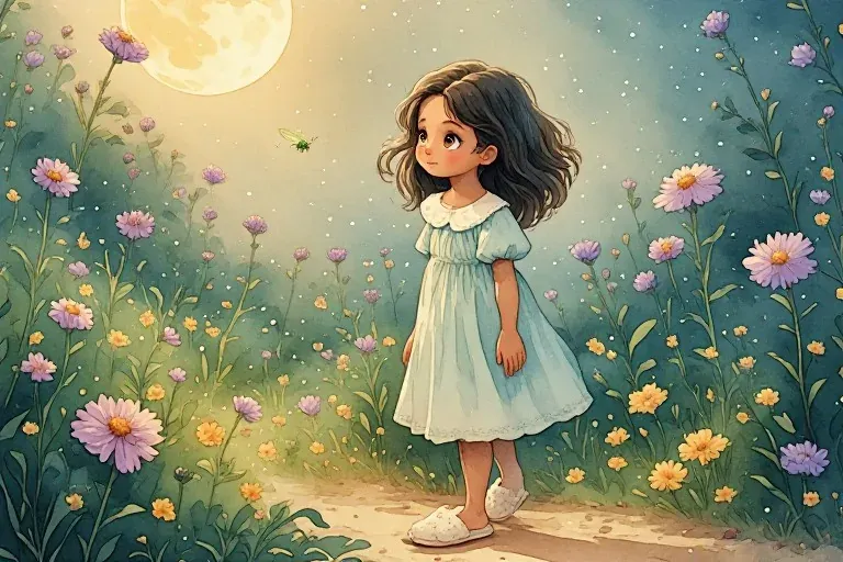 Ada walks through a moonlit flower garden in a teal dress and cream slippers, watching a tiny green firefly.