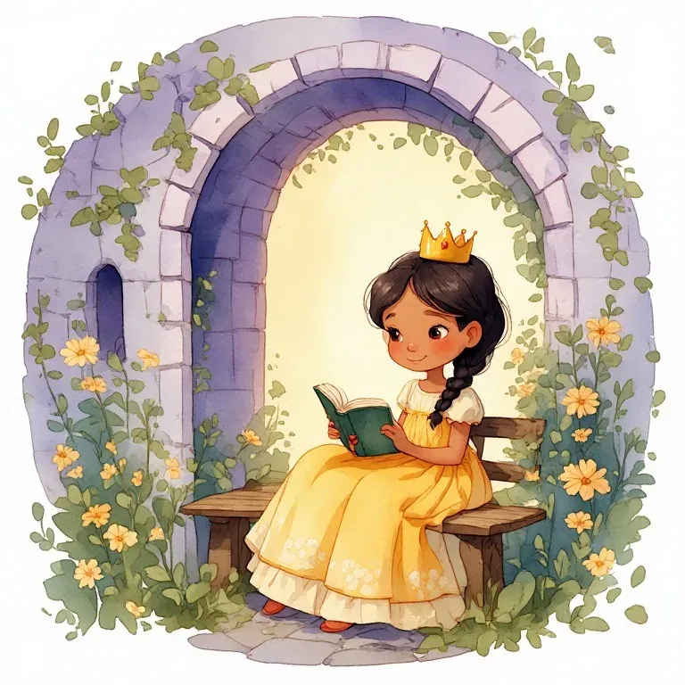 A princess in a yellow dress reads beneath a flower-covered castle arch.