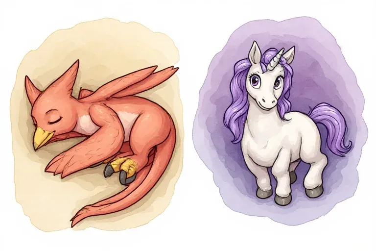 Pella rests with her eyes closed and coral wings folded, while Una Unicorn looks toward the reader from a lavender dream vignette.