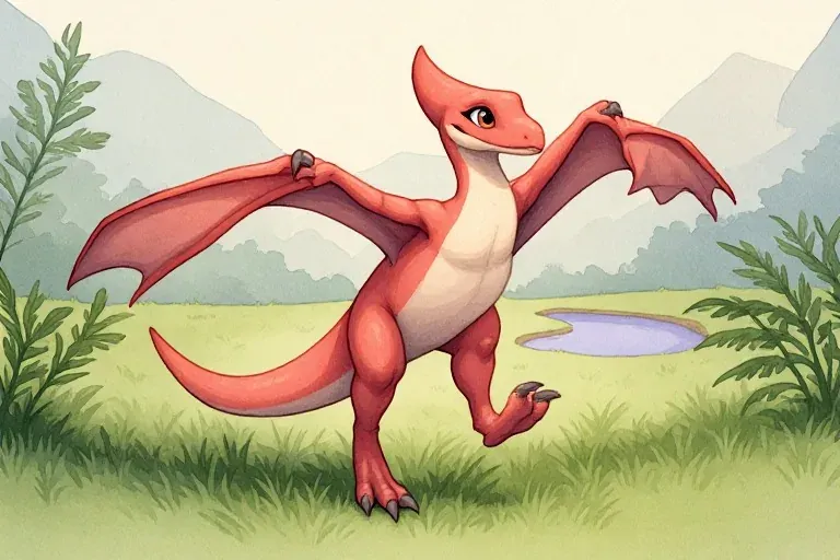 Pella spreads her coral wing forelimbs and lowers her hind feet for a gentle landing beside a pond.