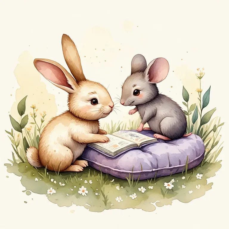 A rabbit and mouse share an open book on a lavender cushion.