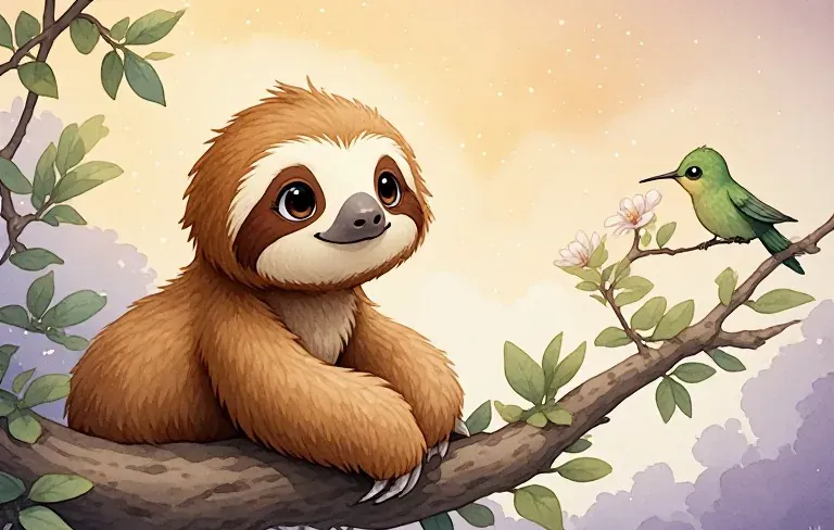 Suki rests on a broad branch beside a tiny hummingbird as the sky turns peach and gold.