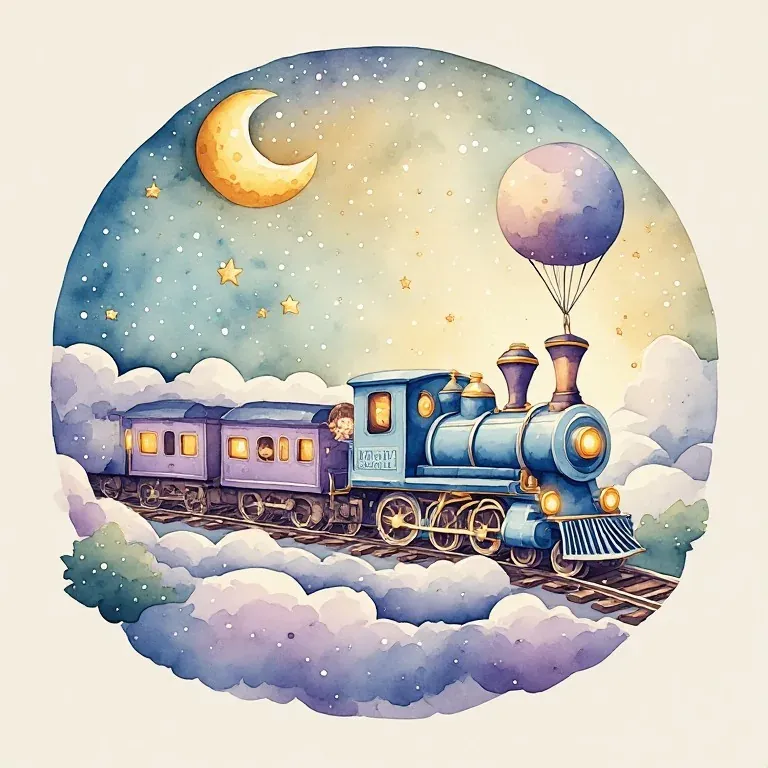 A glowing storybook train travels through clouds beneath a crescent moon and balloon.
