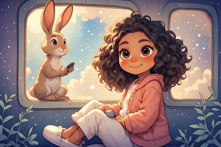 Nora sits in a starry train carriage beside a rabbit conductor holding a watch.