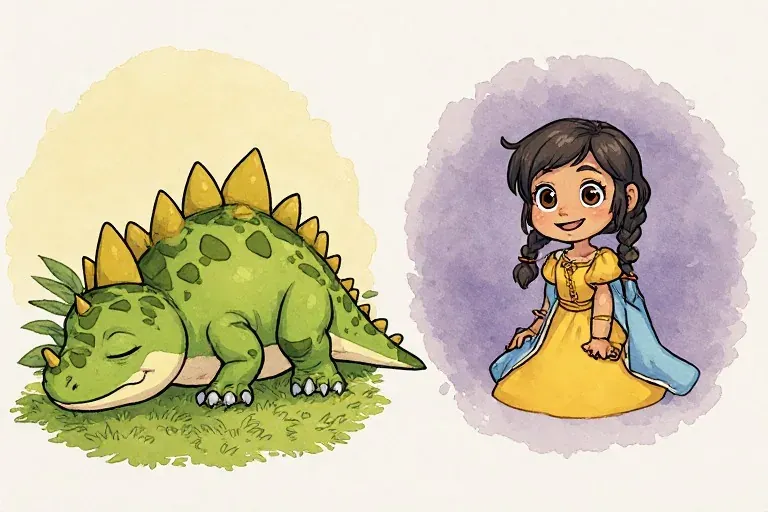 Sora Stegosaurus sleeps beside soft leaves, while Princess Mira smiles toward the reader in a neighboring lavender vignette.
