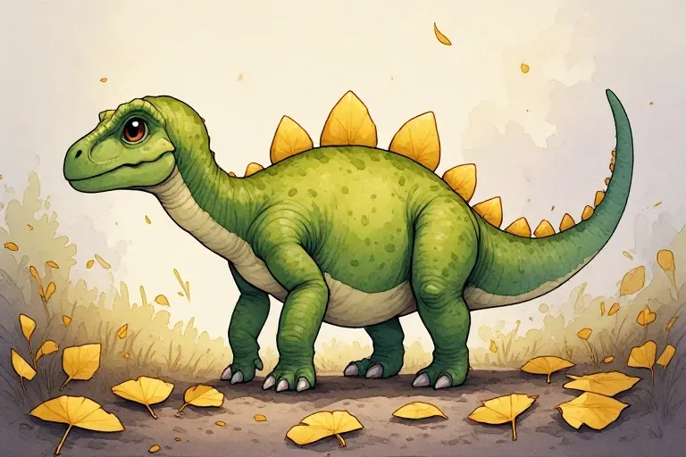 Sora stands on four legs among glowing yellow leaves, with golden plates along her green back.