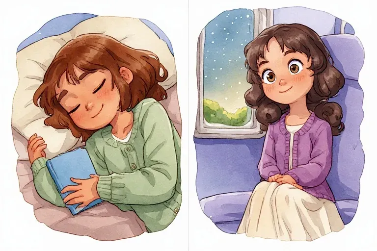 Lina rests with her eyes closed and notebook tucked close, while Nia smiles beside a softly lit window in a neighboring vignette.