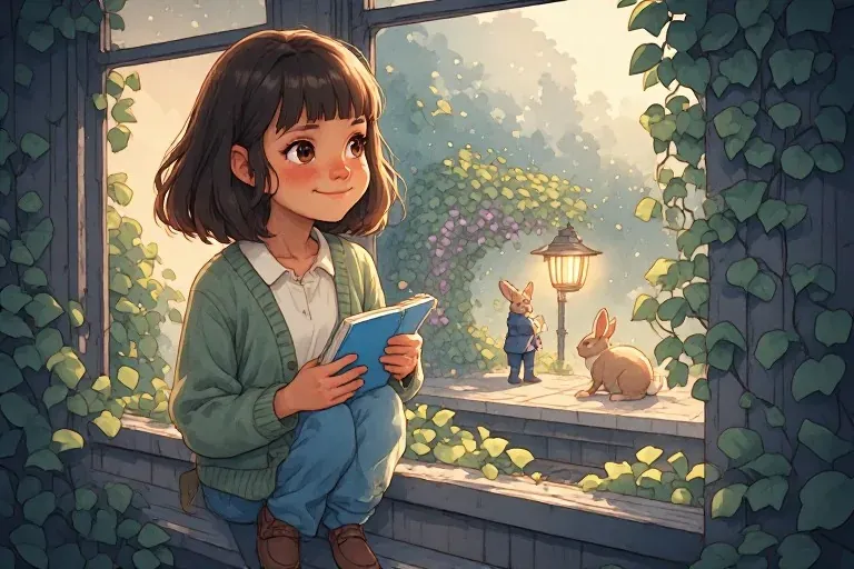 Lina holds a blue notebook at a train window overlooking an ivy-framed station and a rabbit conductor.