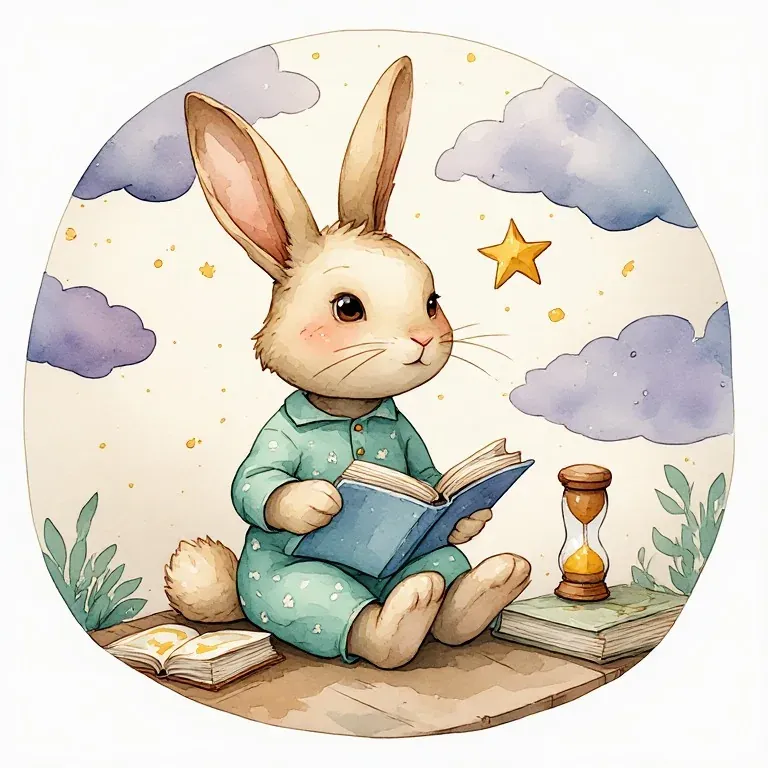 A rabbit in mint pajamas reads beside a sand timer beneath a golden star.