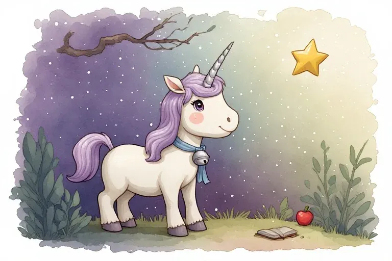 Una stands beneath a branch watching a golden five-pointed star, with a small notebook nearby.
