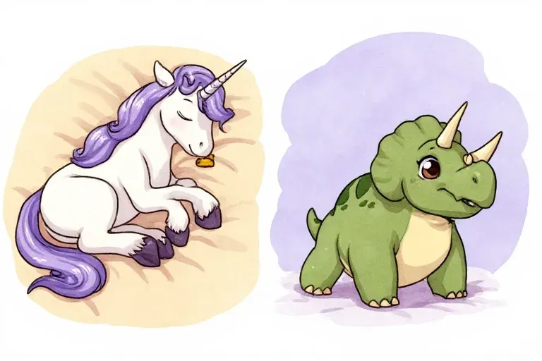 Una rests with her eyes closed and lavender mane curled around her, while Tavi Triceratops smiles from a neighboring watercolor vignette.