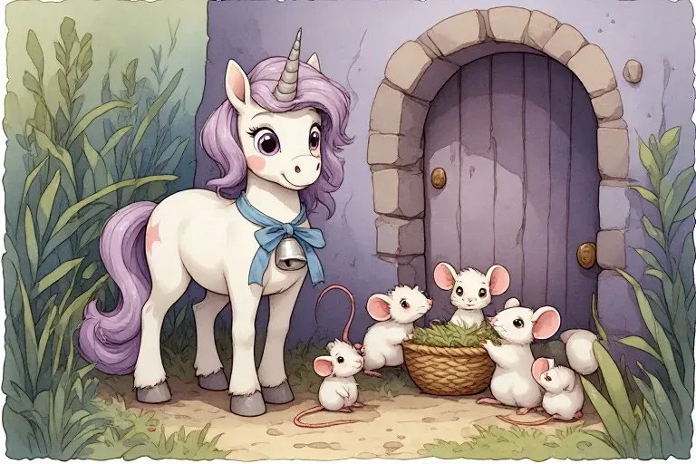 Una stands beside a mouse family and a basket of nest grass at a purple doorway.