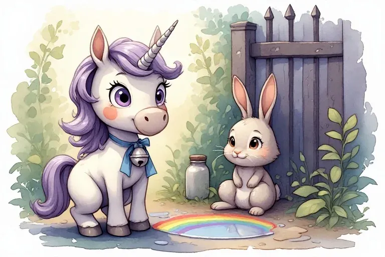 Una and Rabbit sit beside a rainbow-colored puddle near a garden gate and an empty jar.