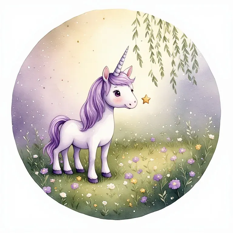 A lavender-maned unicorn stands among flowers beneath a willow tree.