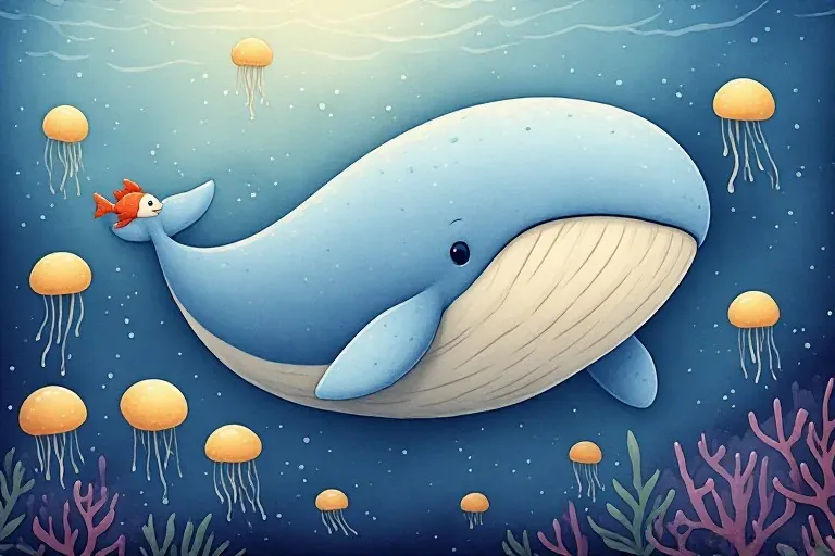 Willa, a blue whale, swims with a small fish among softly glowing jellyfish.