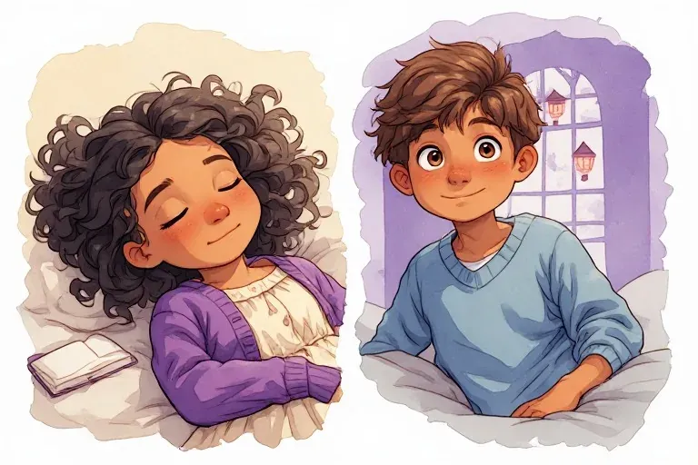 Nia sleeps comfortably in bed, while Eli smiles toward the reader from a lavender dream vignette.