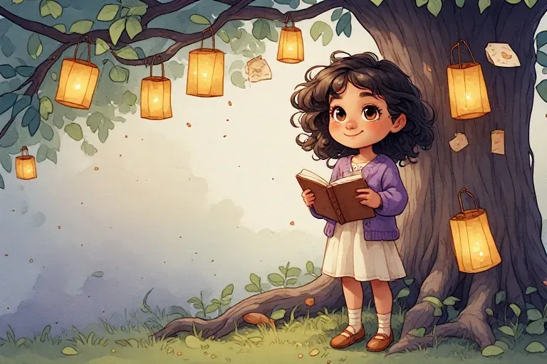 Nia stands beside a willow hung with paper wishes and lanterns, holding her drawing book.